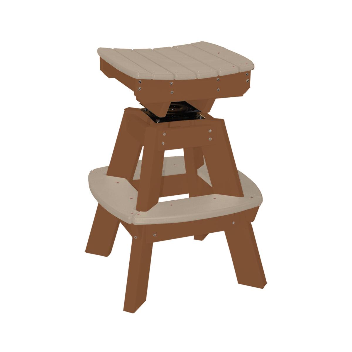 Two-tone brown and tan saddle top swivel stool made of durable polylumber.
