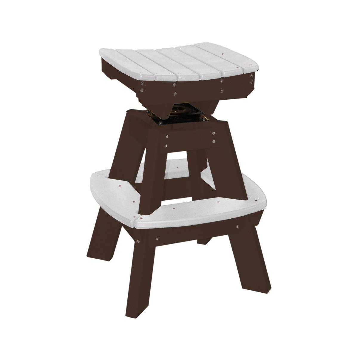 Two-tone brown and white saddle top swivel stool made of durable polylumber.