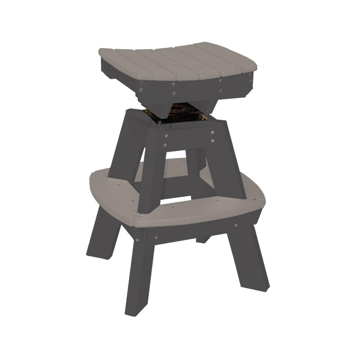 Two-tone grey and black polylumber saddle top swivel stool with built-in footrest.