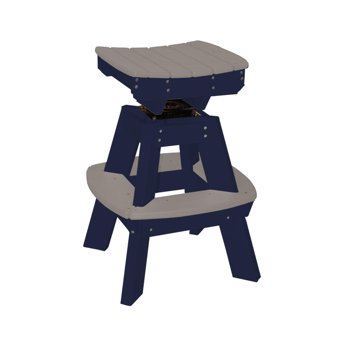Two-tone blue and grey polylumber saddle top swivel stool with a curved seat.