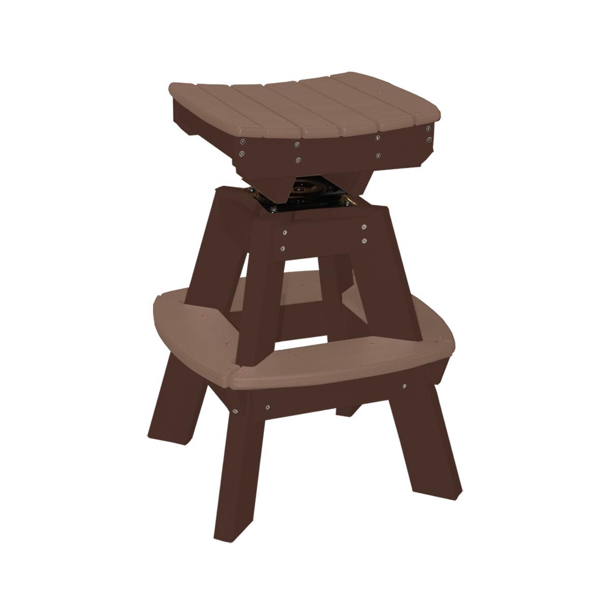 Brown and tan saddle top swivel stool made of recycled polylumber.