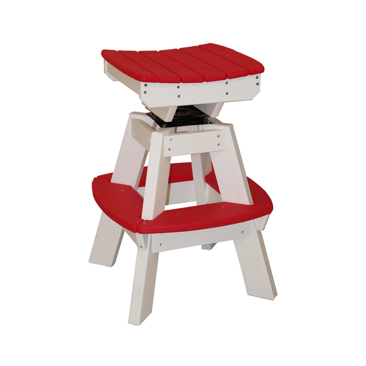 Red and white polylumber saddle top swivel stool with built-in footrest.