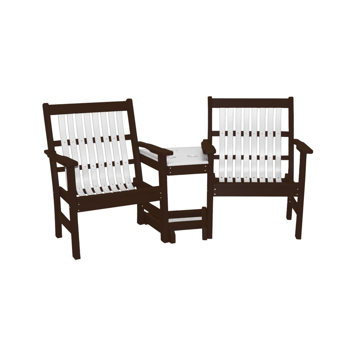 Brown and white Lowback 3-in-1 poly settee with two chairs and a connecting middle table.