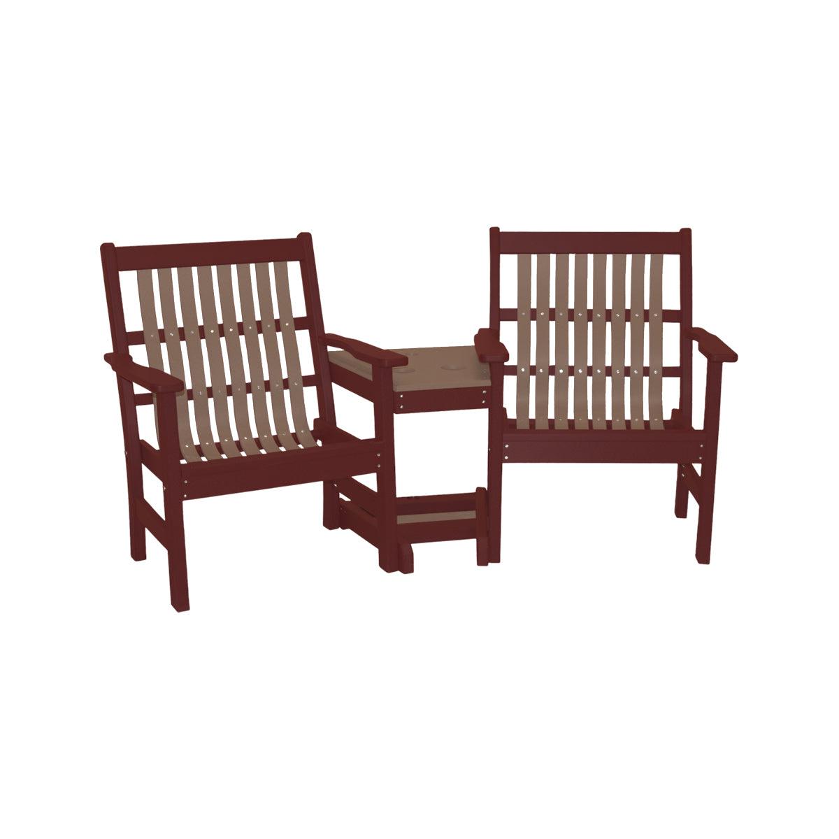 Lowback 3-in-1 poly settee in maroon and tan with two chairs joined by a center table.