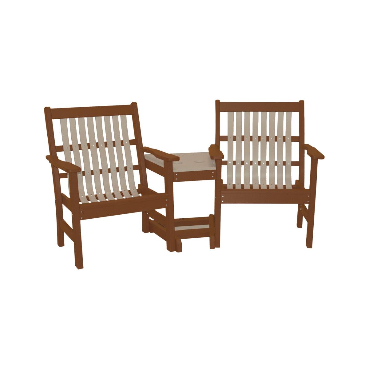 Brown and tan Lowback 3 in 1 Settee with two chairs joined by a center table.