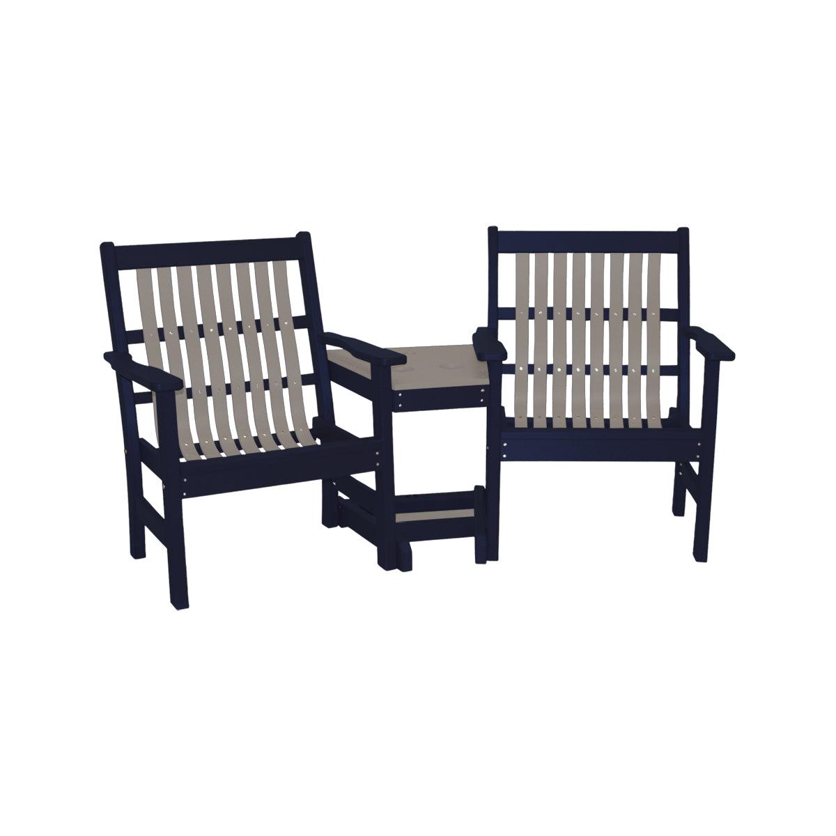 Navy blue and gray Lowback 3-in-1 poly settee with two chairs and a connecting middle table.