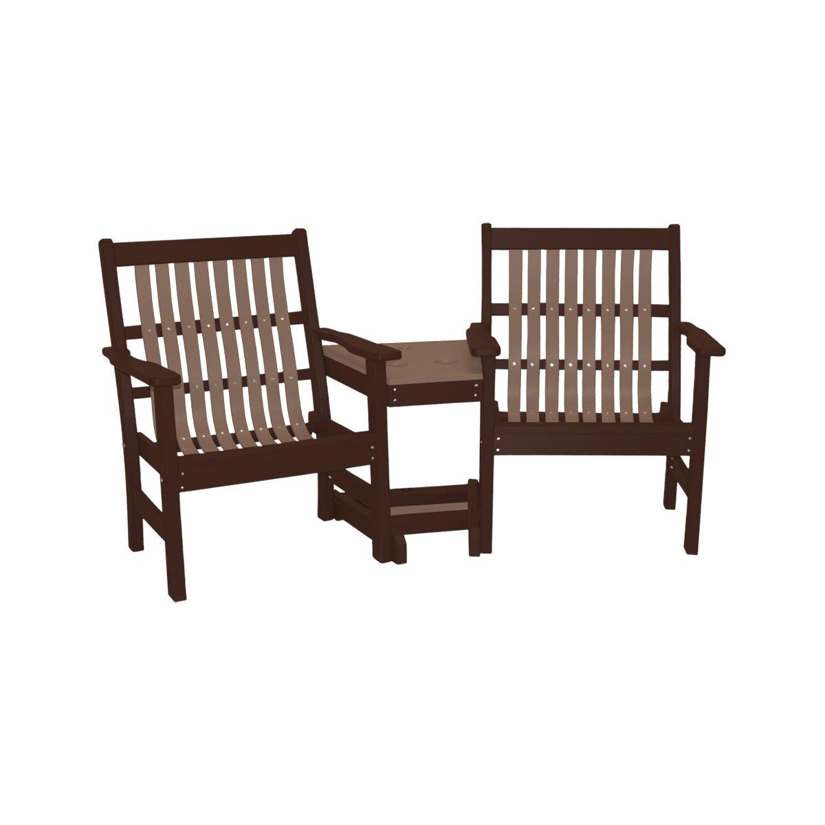 Brown and tan Lowback 3 in 1 Settee with two chairs joined by a center table.