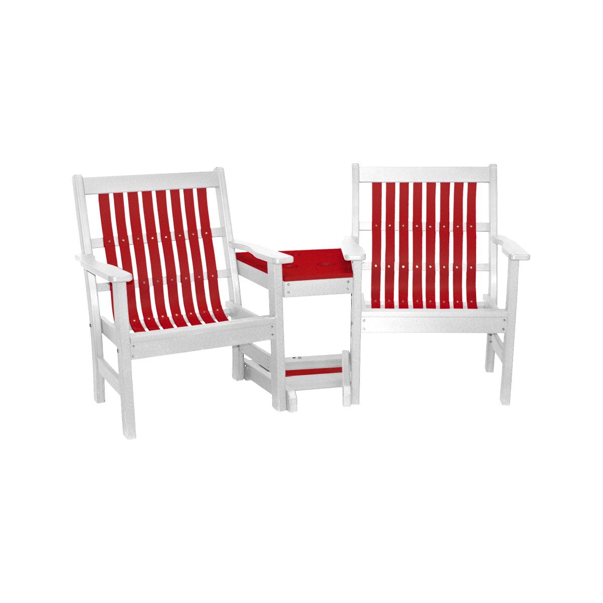 Red and white Lowback 3 in 1 Settee with two chairs and a connecting center table.