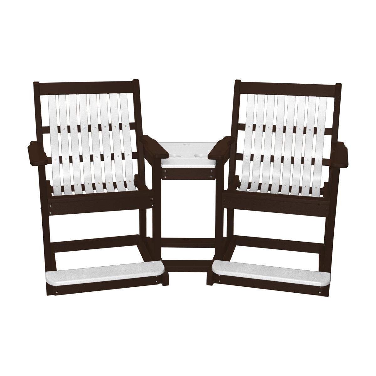 Brown and white poly outdoor double balcony settee with a built-in center table and footrests.