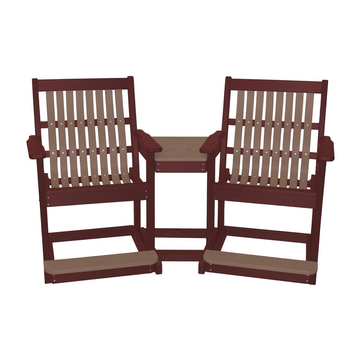 Two-tone brown and tan poly outdoor settee with two high balcony chairs and a connecting table.