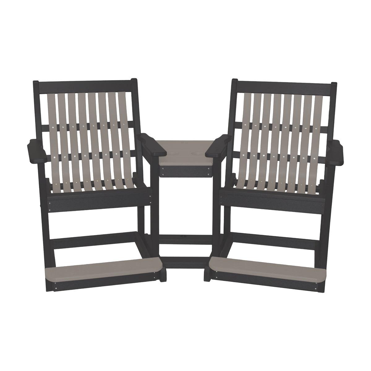 Two-tone black and grey poly balcony settee with two chairs, built-in center table, and footrests.