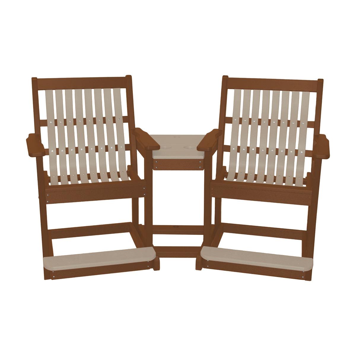 Brown and tan poly lumber 3-in-1 balcony settee with two lowback chairs and a center table.