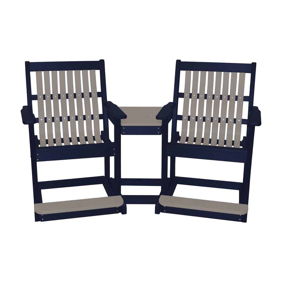Navy blue and gray poly outdoor double settee with built-in center table and footrests.
