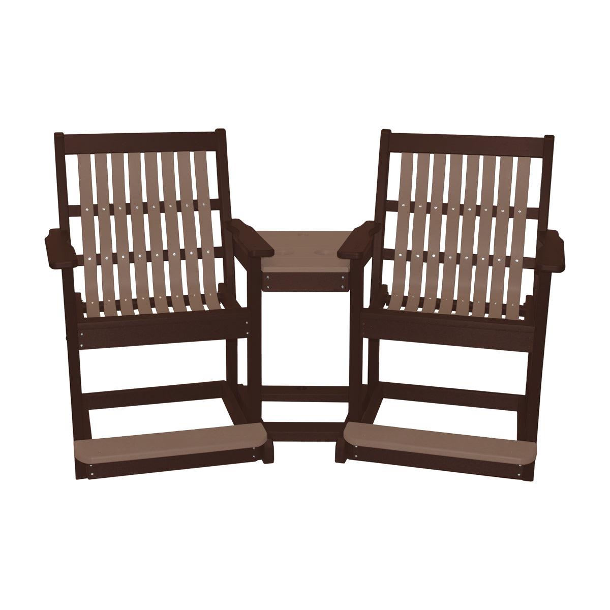 Brown and tan poly balcony settee with two lowback chairs, a center table, and footrests.
