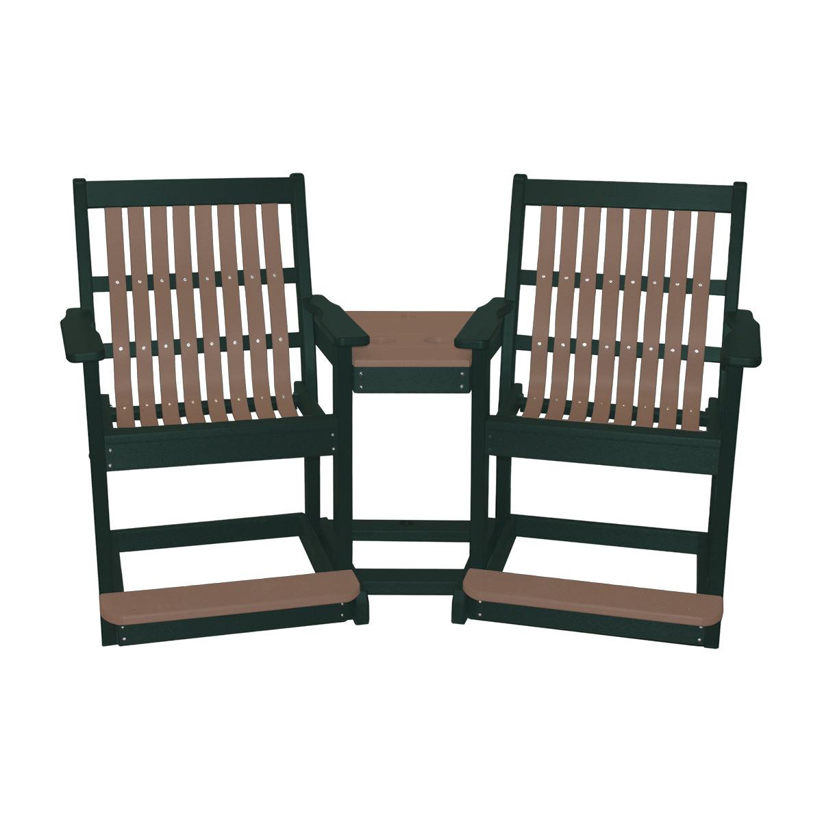 Green and brown poly outdoor double glider settee with a built-in center table and footrests.