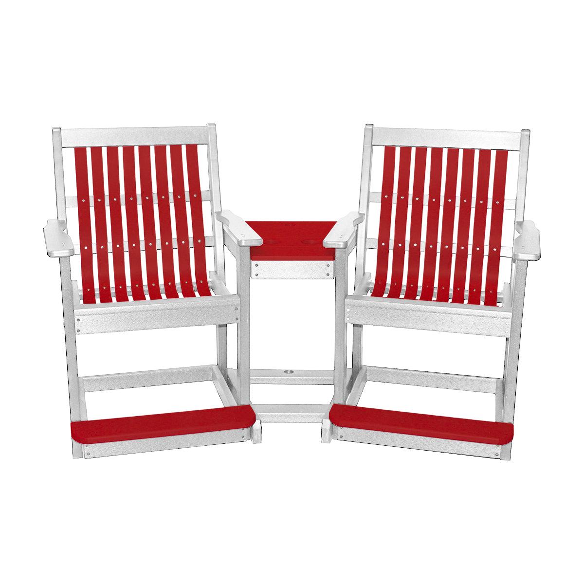 Red and white poly outdoor double settee with built-in center table and footrests.
