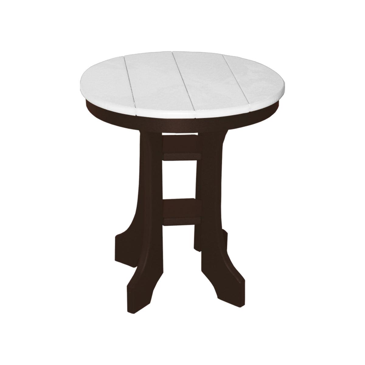 Round 20-inch outdoor side table with a white slatted top and dark brown legs.
