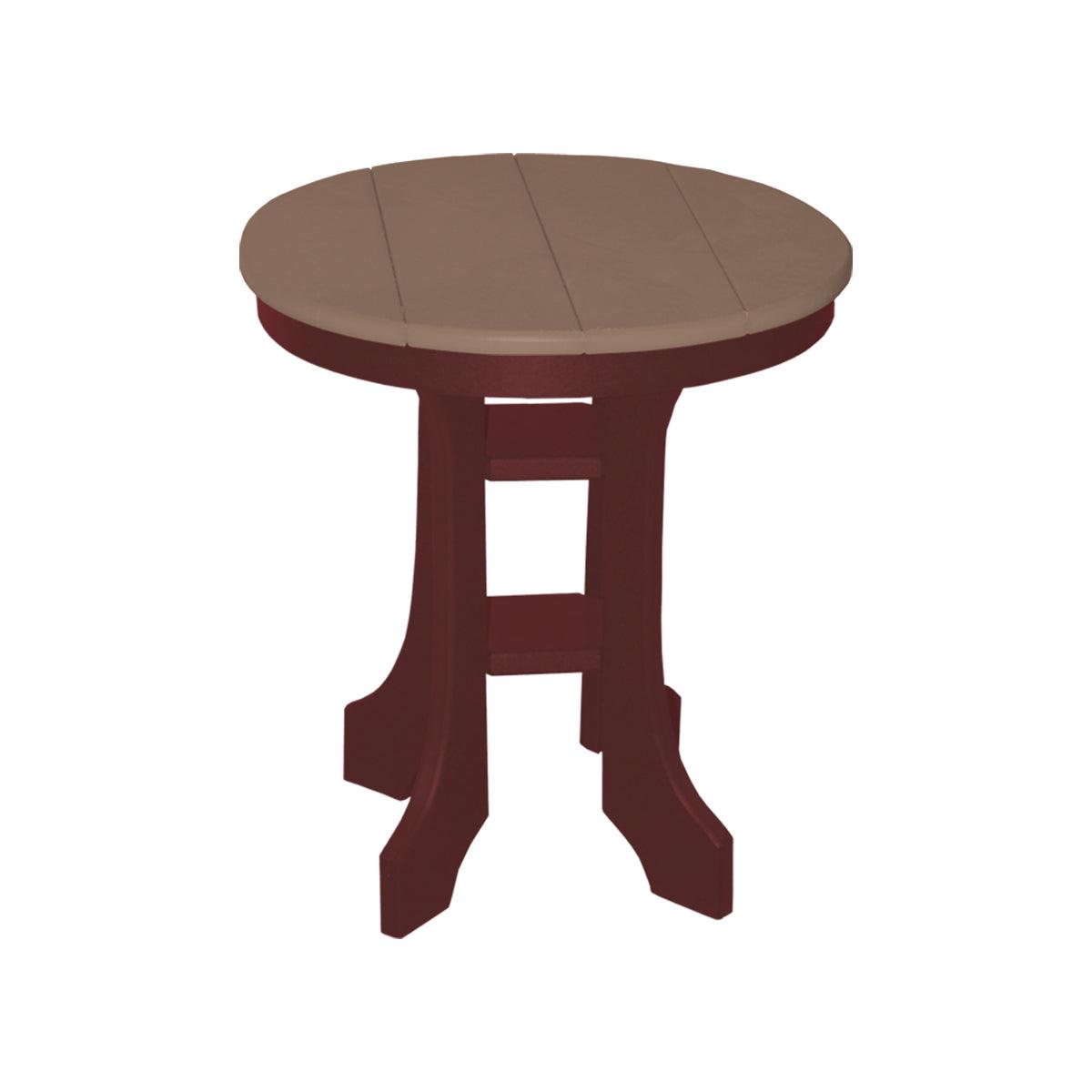 Round 20-inch outdoor side table with a tan slatted top and dark red legs.