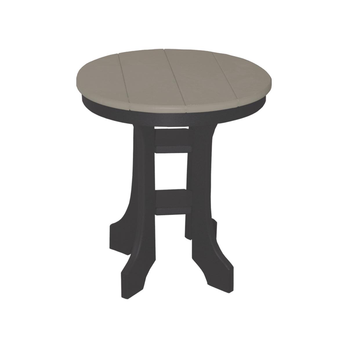 Round 20-inch outdoor side table with a gray slatted top and black poly lumber legs.