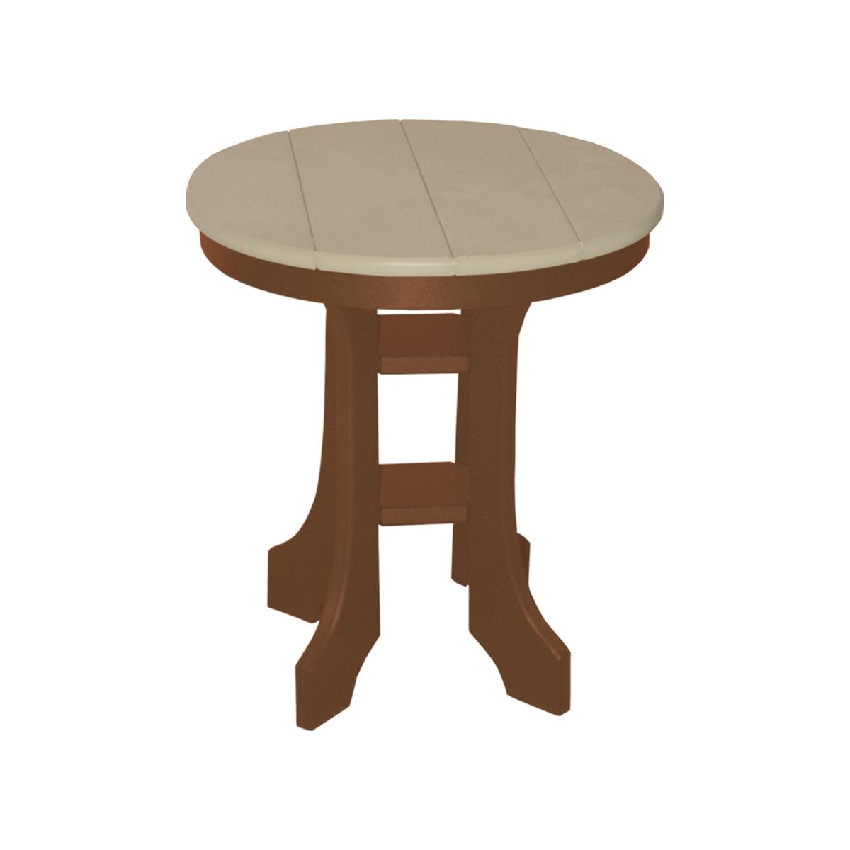 Round 20-inch outdoor side table with a light gray slatted top and brown legs.