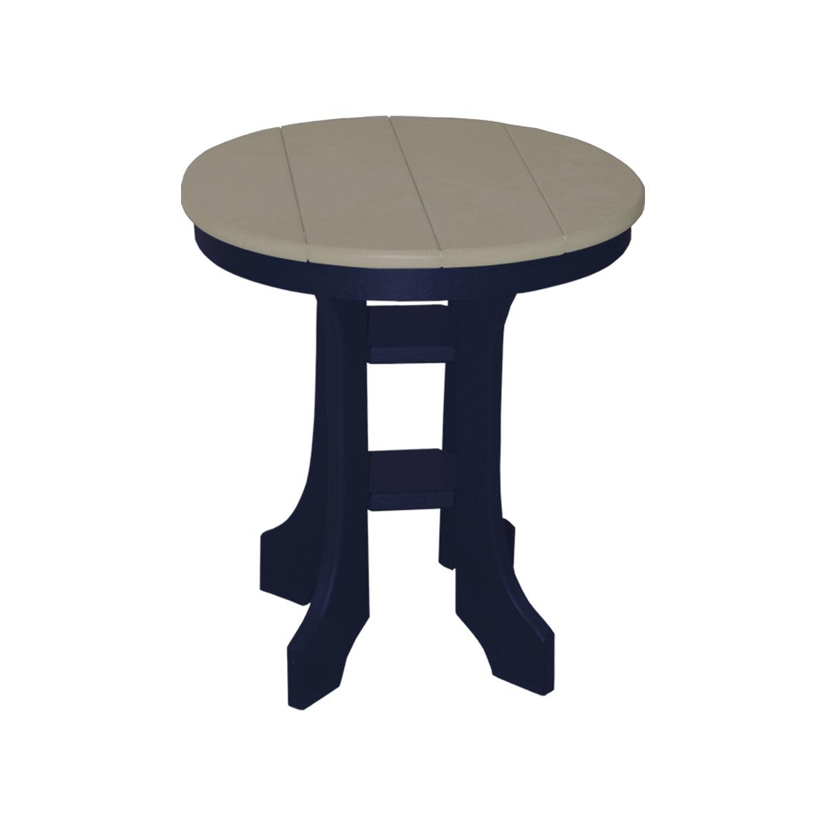 Round 20-inch outdoor side table with a tan slatted top and dark blue legs.