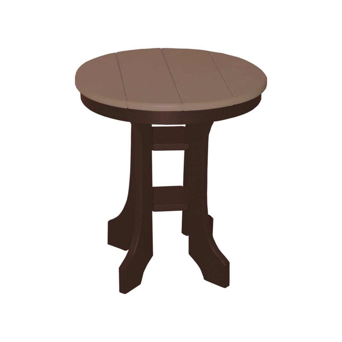 Two-tone 20-inch round outdoor side table with a tan slatted top and dark brown legs.