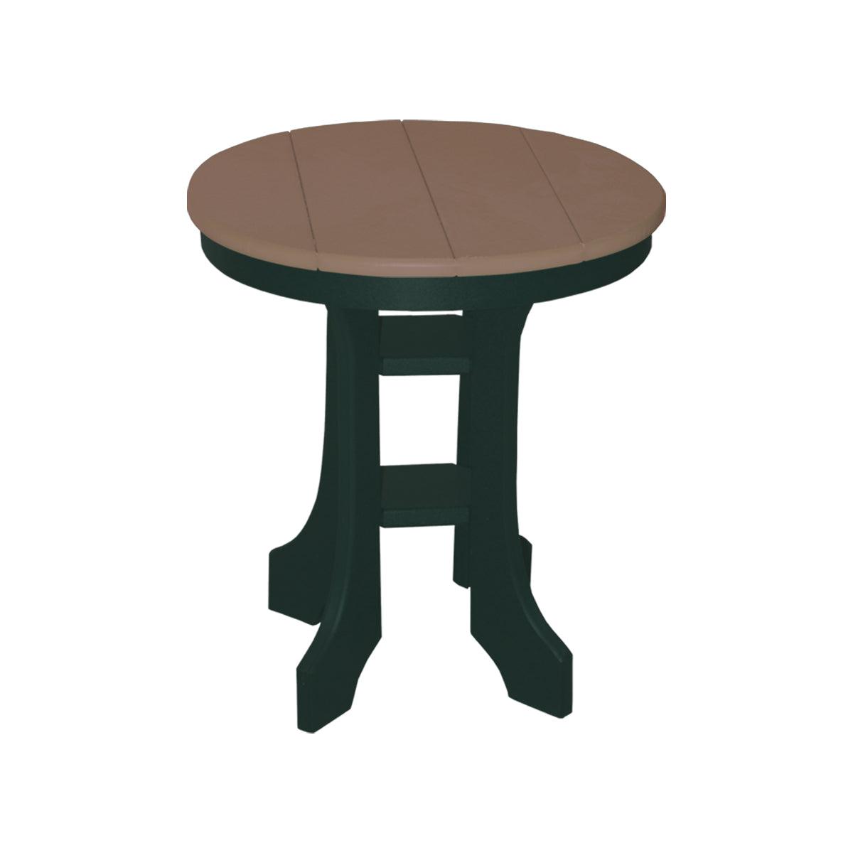 Round outdoor side table with a brown slatted top and dark green legs.