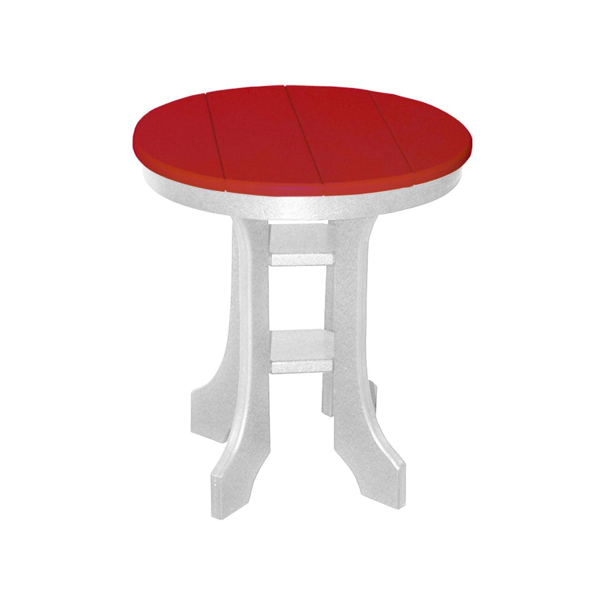 Round outdoor side table with a red slatted top and white legs.
