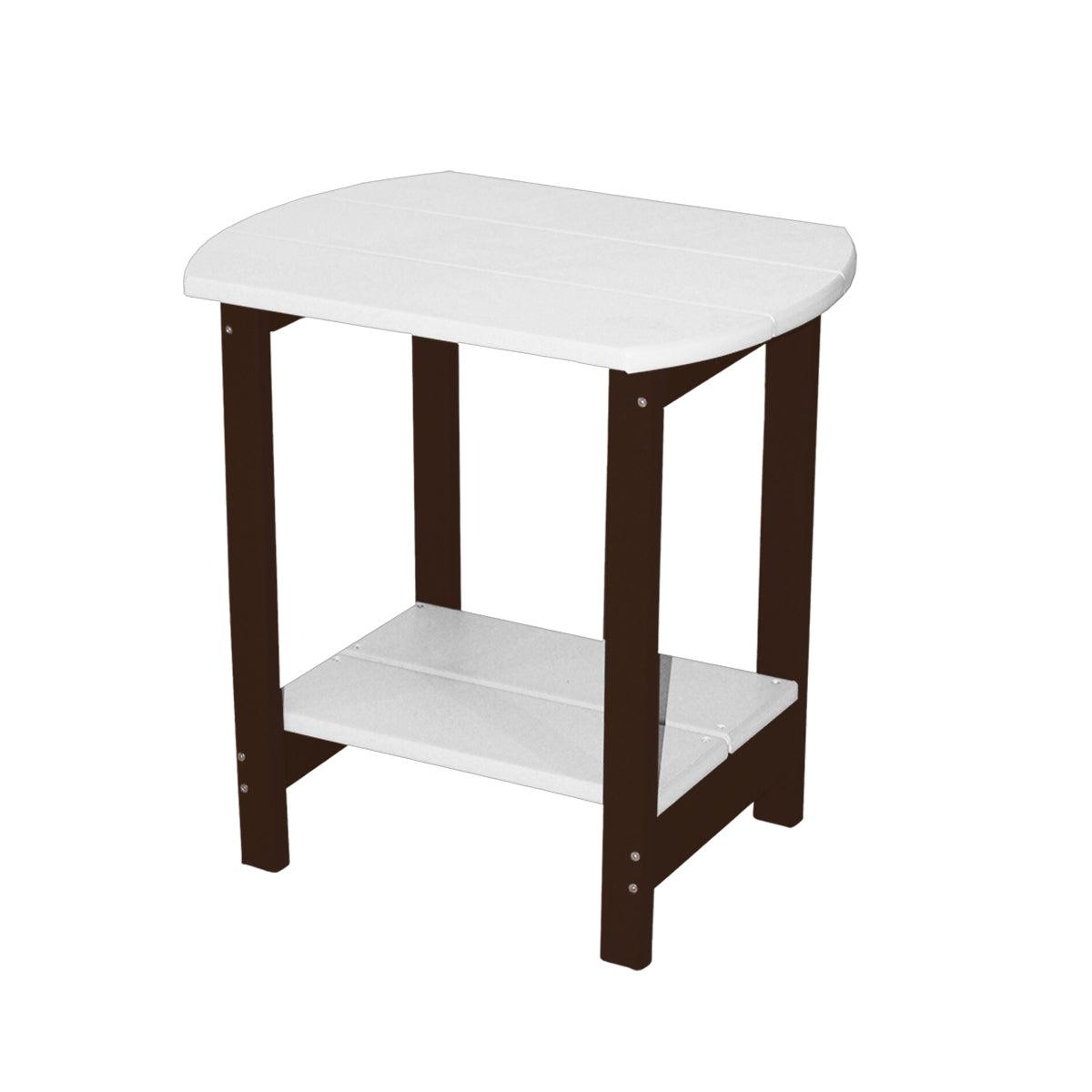 Two-tone oval side table with white poly slats and dark brown legs.