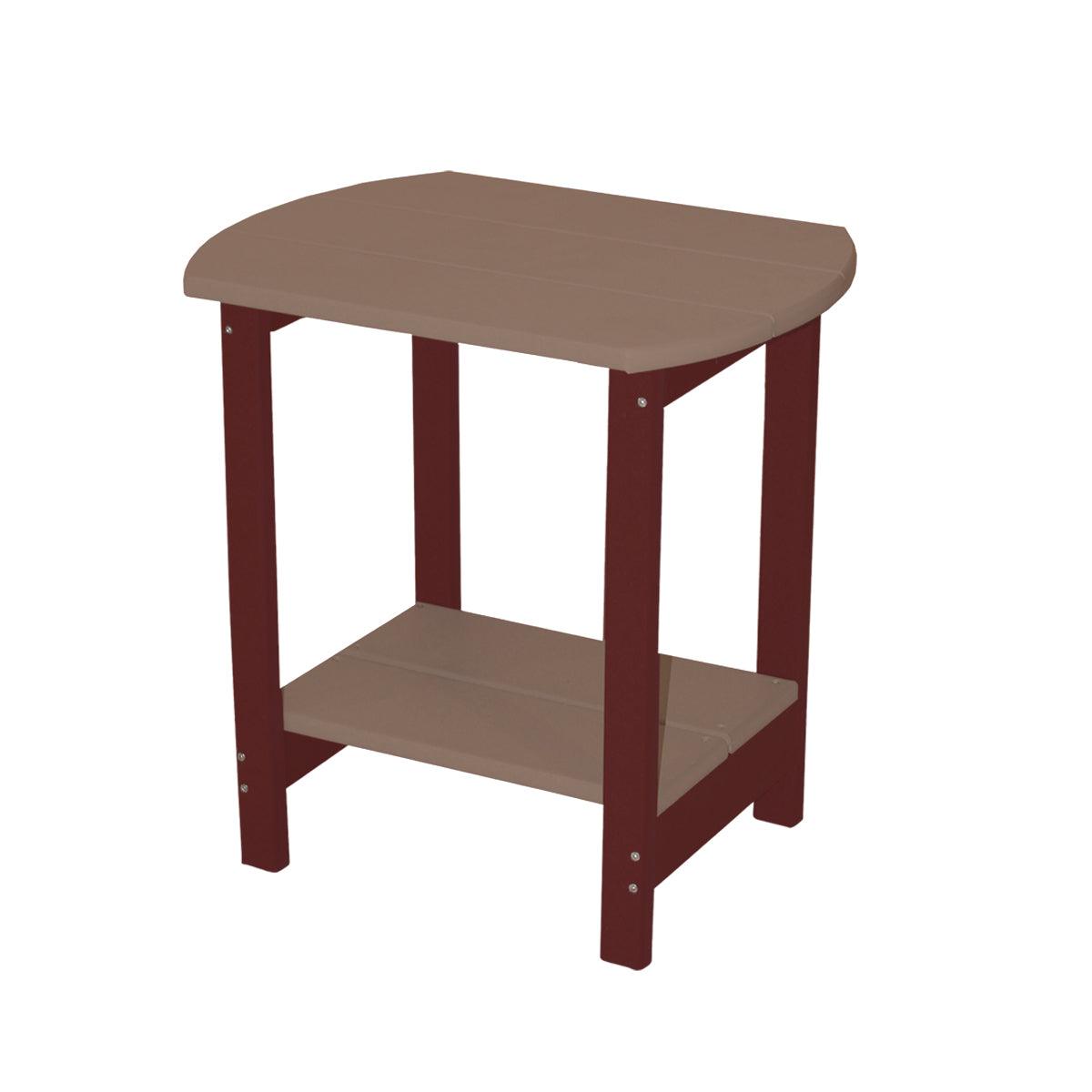Two-tone oval poly side table with a brown top and shelf on a dark red frame