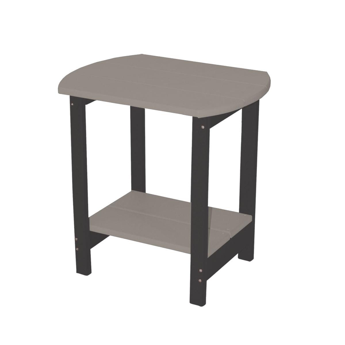 Two-tone oval side table with a grey slatted top, black legs, and a lower storage shelf.