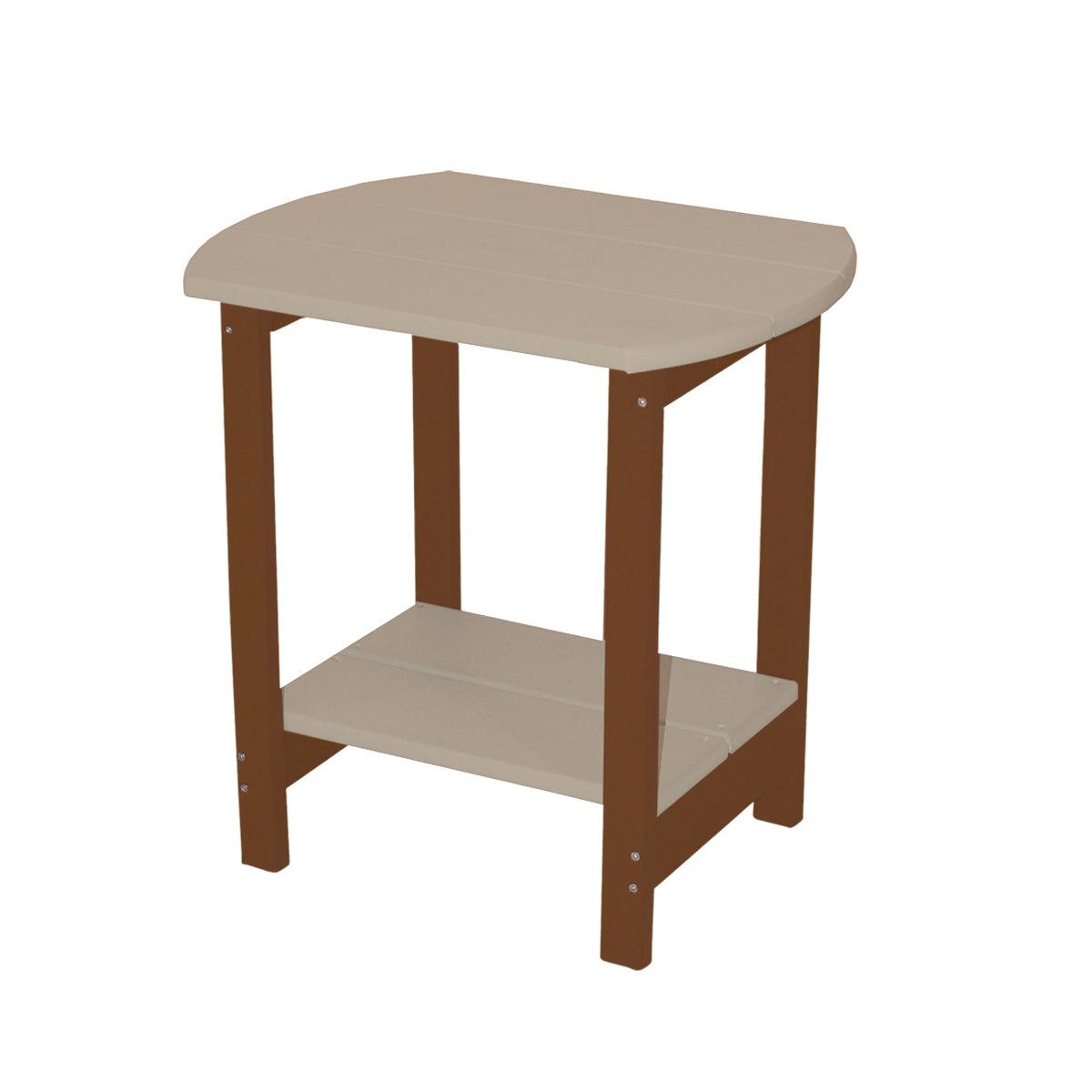 Two-tone oval side table with a beige top and shelf on a brown frame.