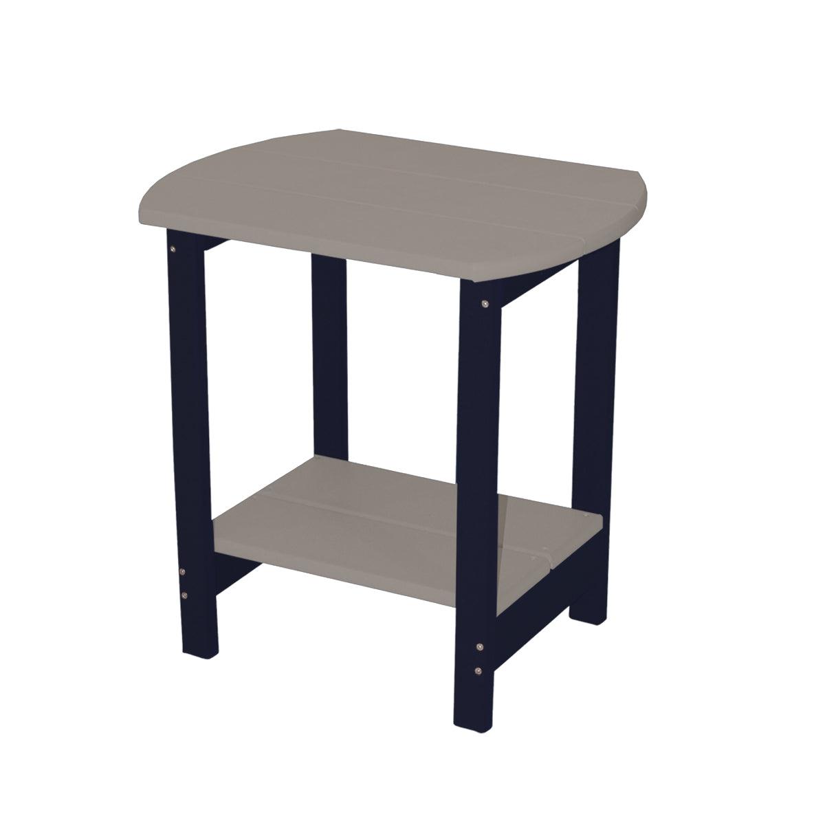 Two-tone oval side table with a grey poly wood top and shelf on a dark blue frame.