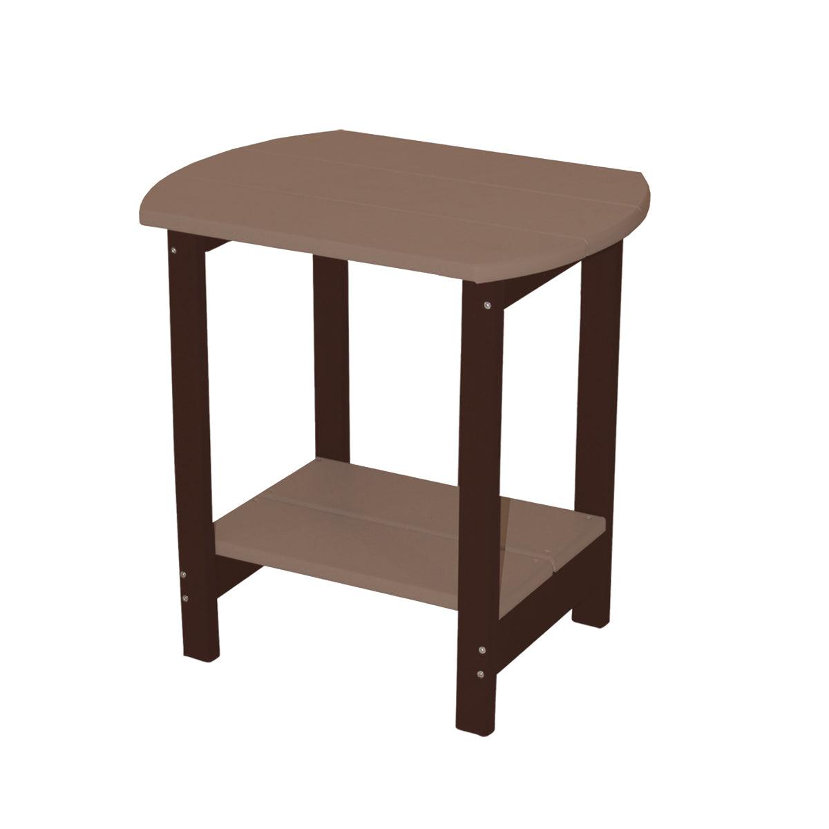 Two-tone poly outdoor side table with a brown oval top, lower shelf, and dark brown legs.