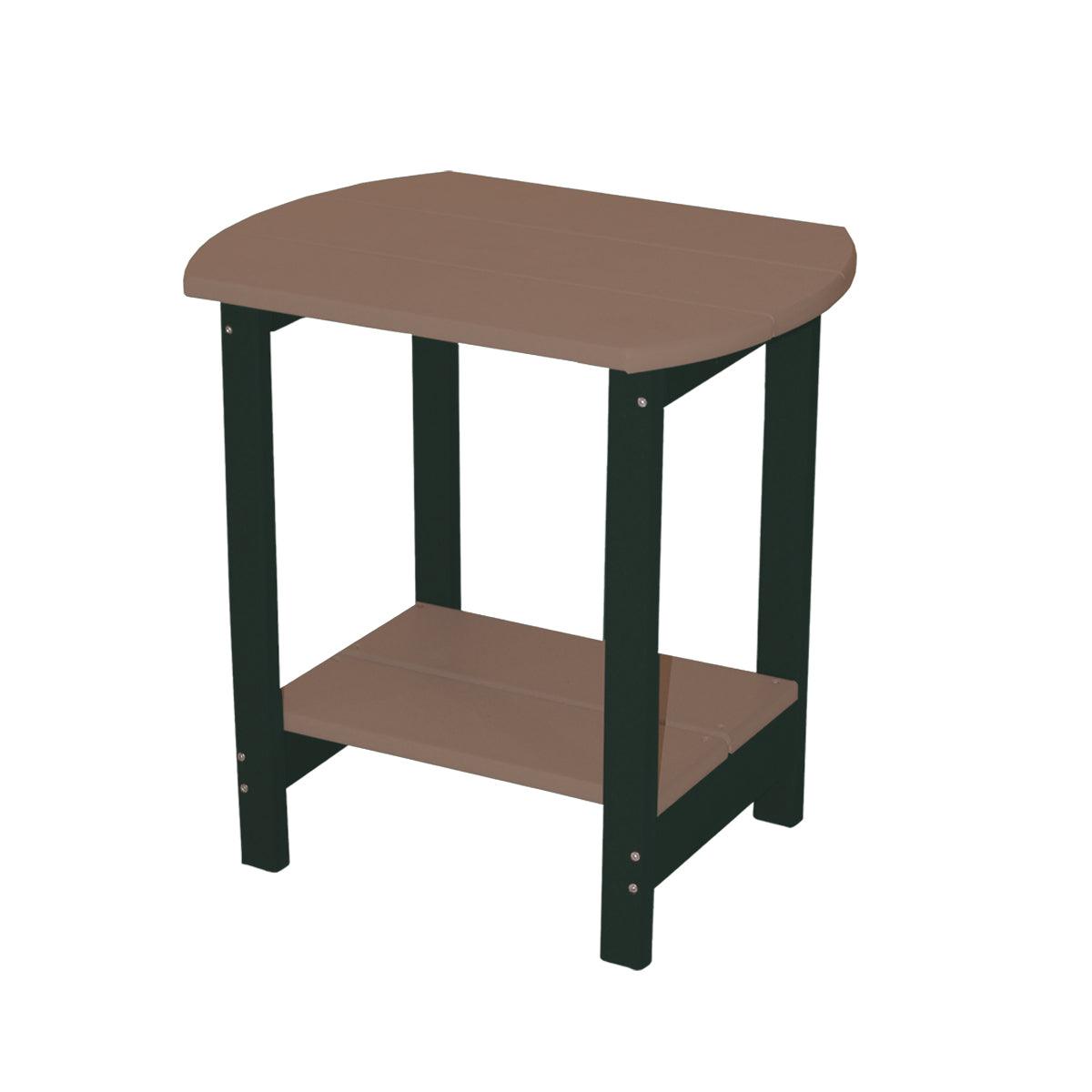 Oval side table with a brown slatted top, lower shelf, and dark green legs.
