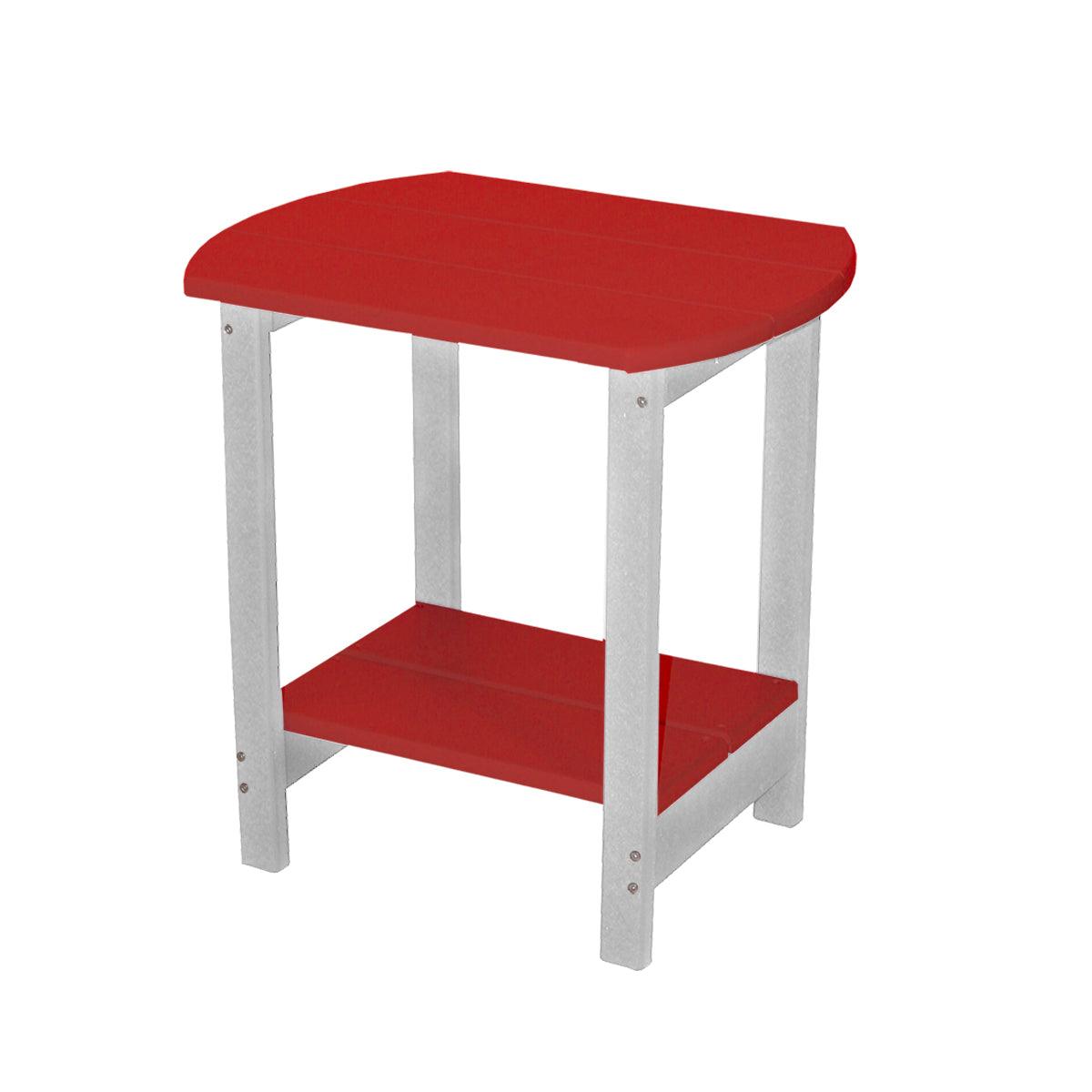 Two-tone red and grey poly outdoor oval side table with a lower shelf.