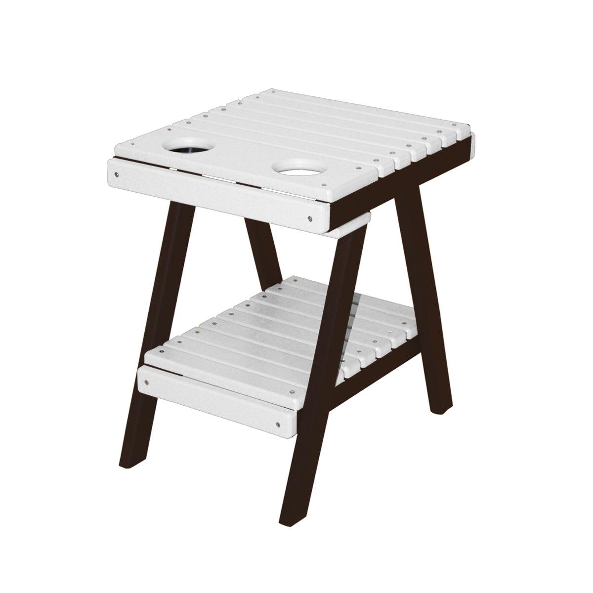 White and brown slatted polylumber side table with two cup holders and a lower shelf.