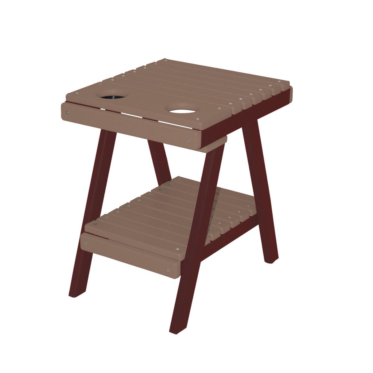 Two-tone brown slatted poly side table with built-in cup holders and a lower shelf.