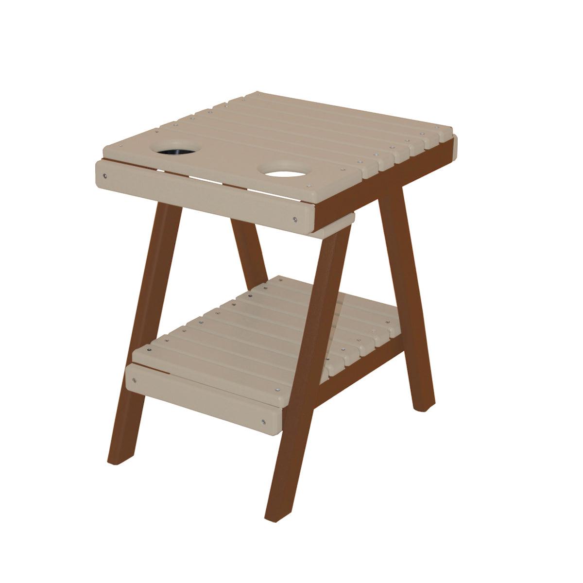 Two-tone beige and brown slatted poly side table with built-in cup holders and lower shelf.