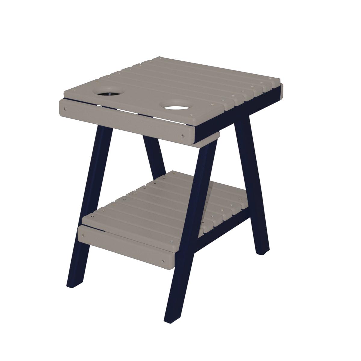 Two-tone grey and navy blue slatted poly side table with built-in cup holders and a lower shelf.
