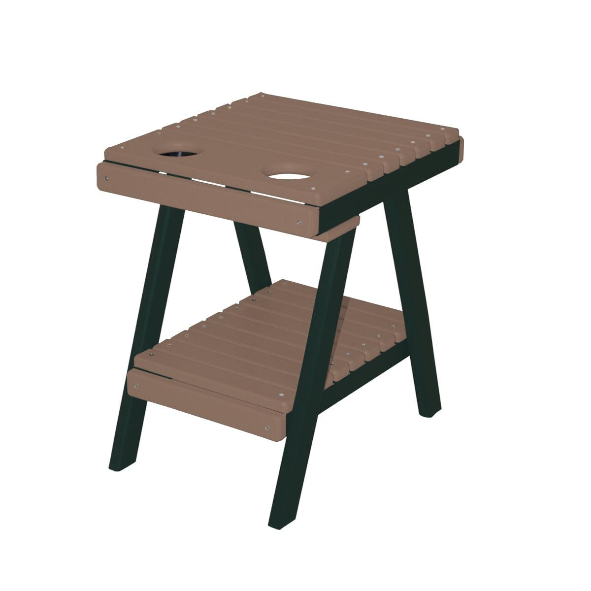 Brown and black slatted polylumber side table with two cup holders and a lower shelf.