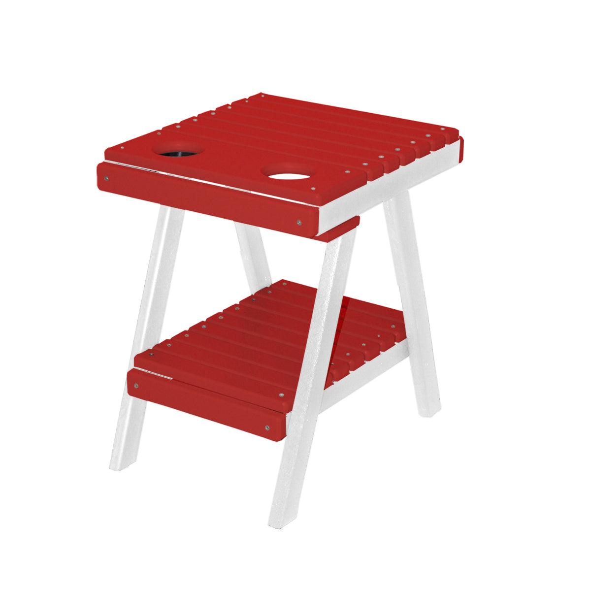 Red and white slatted poly side table with two cup holders and a lower shelf.
