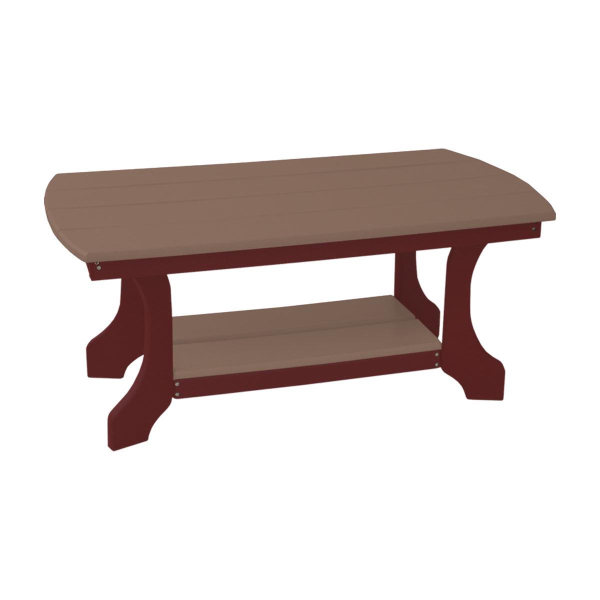 Two-tone recycled poly outdoor coffee table with brown slatted top and dark red frame.