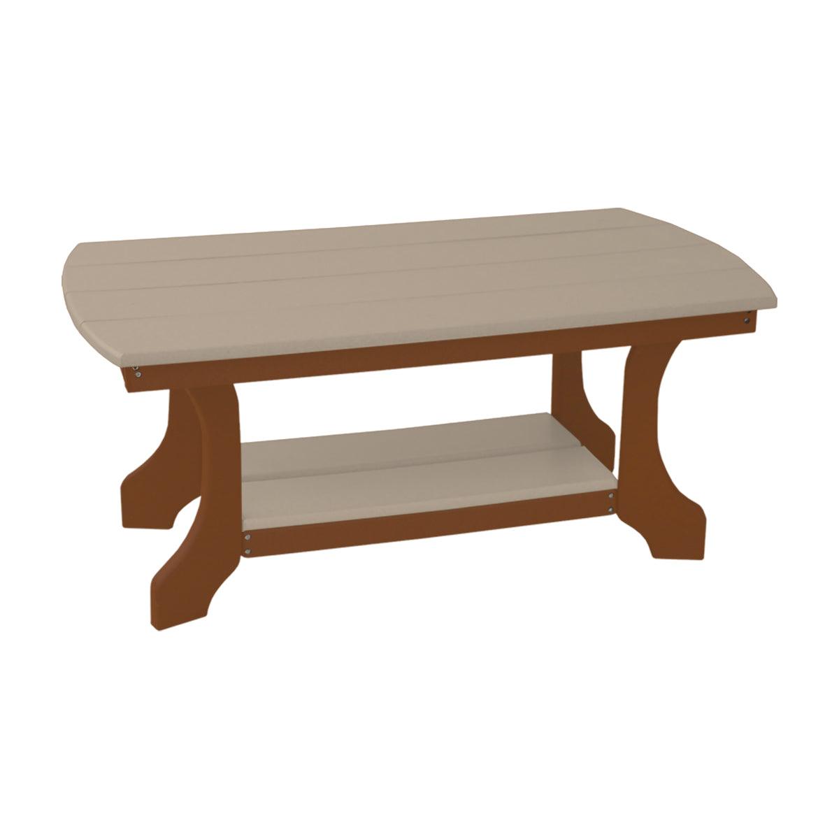 Two-tone recycled poly outdoor coffee table in tan and brown with a bottom shelf.