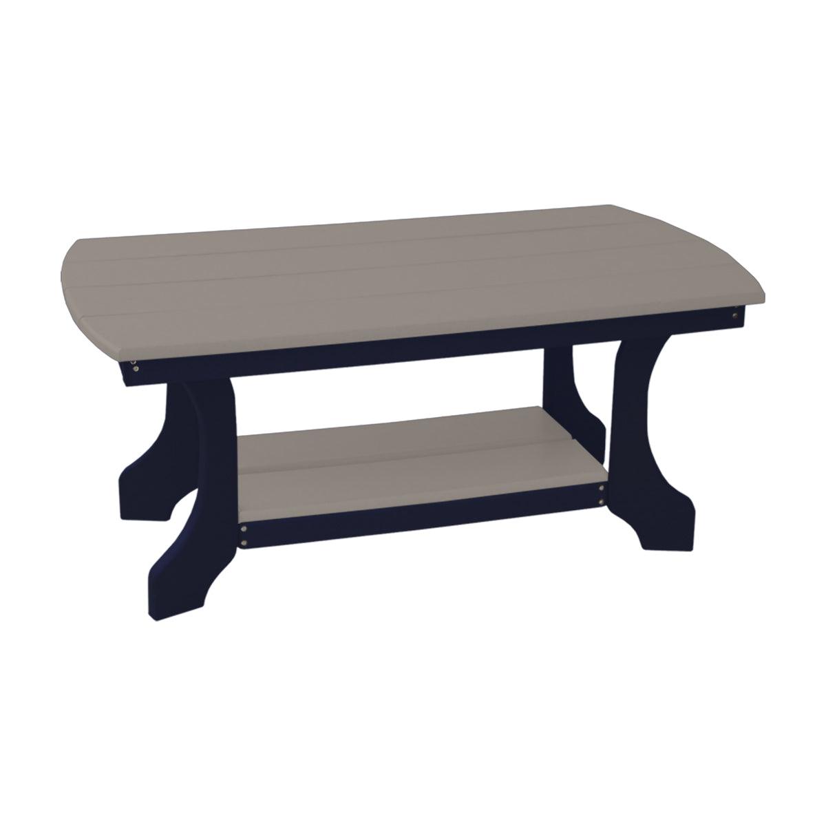 Two-tone recycled poly outdoor coffee table with grey top and dark blue legs.