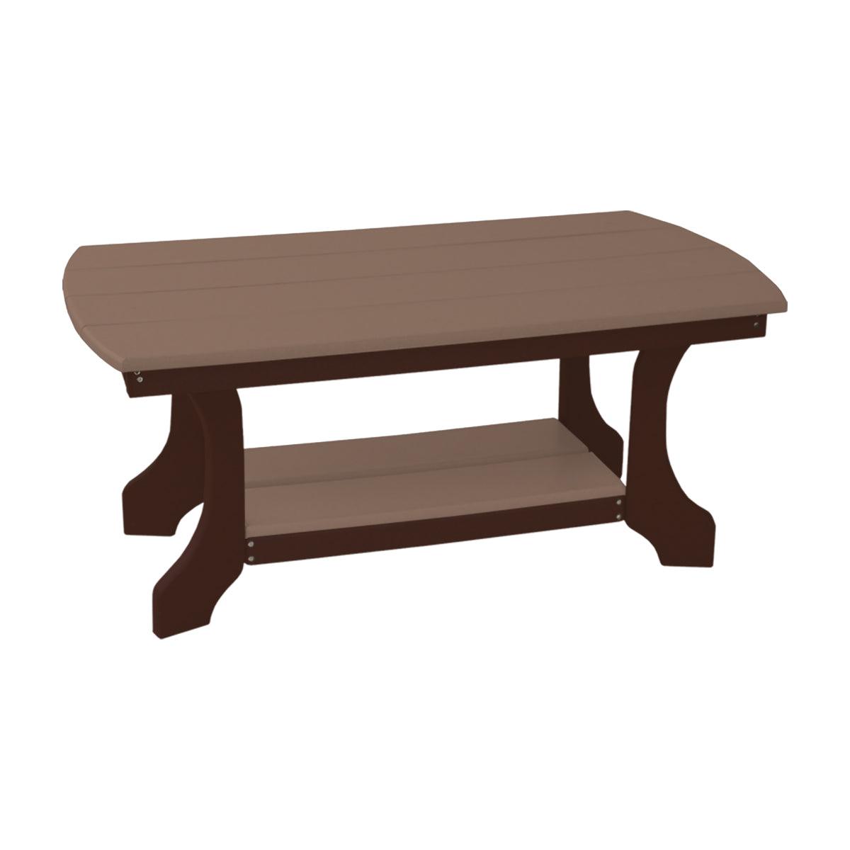 Two-tone brown recycled poly outdoor coffee table with a lower shelf.
