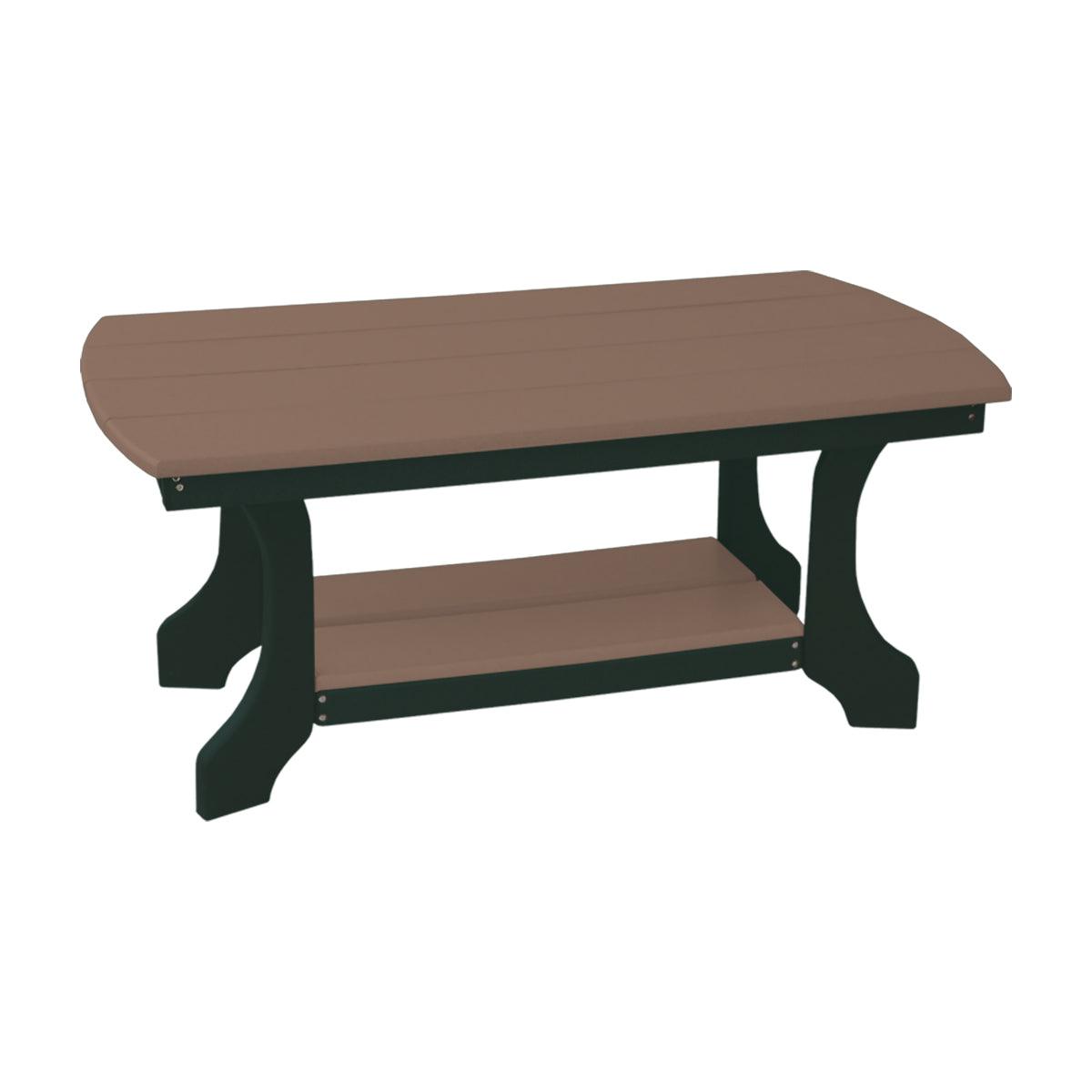 Two-tone recycled poly outdoor coffee table with brown slatted top and dark green legs.