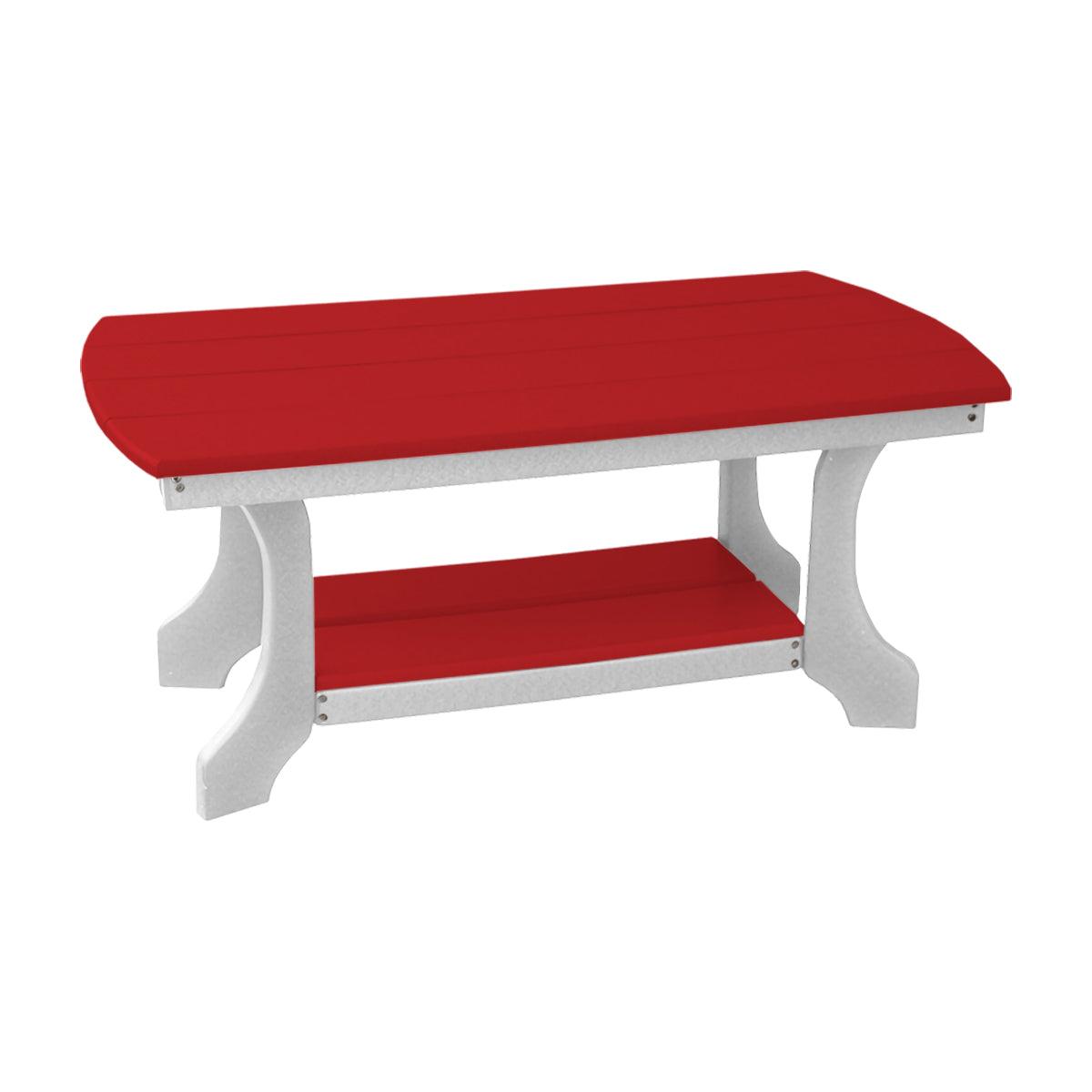 Red and white recycled poly outdoor coffee table with a bottom shelf.