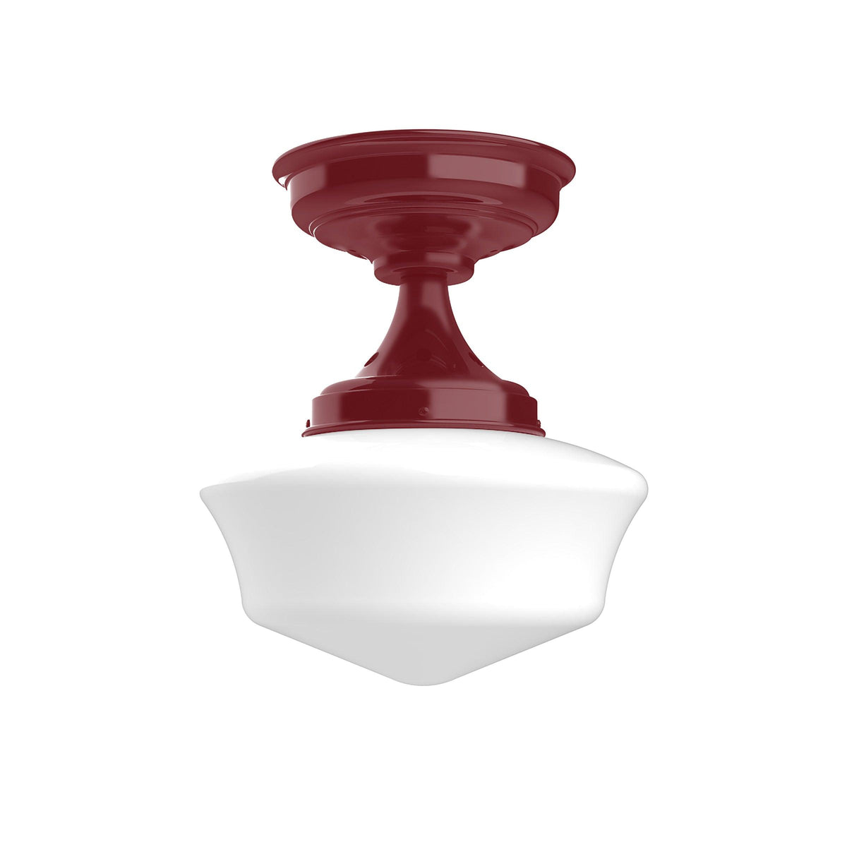 Schoolhouse flush mount light fixture with a red metal base and white glass globe.