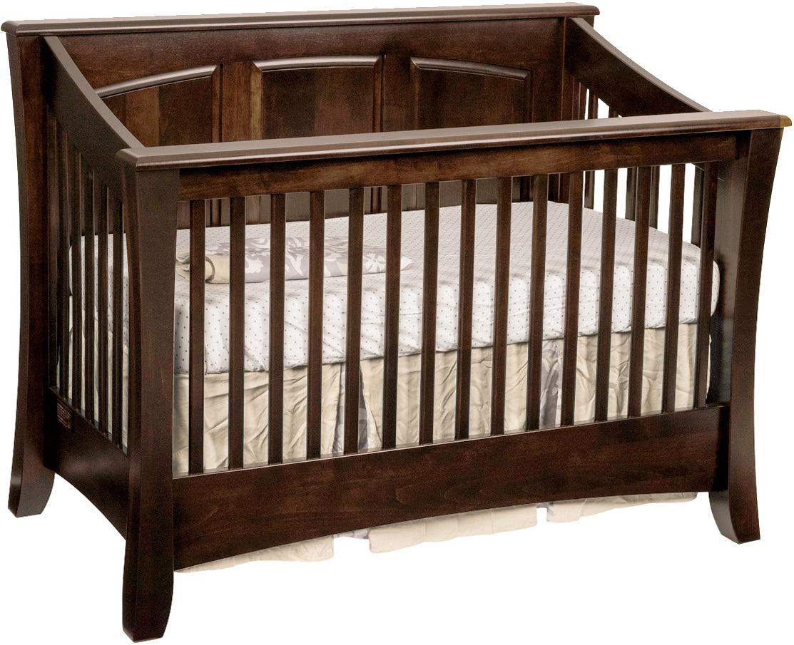 Carlisle convertible crib in dark brown hardwood with a modern craftsman design.